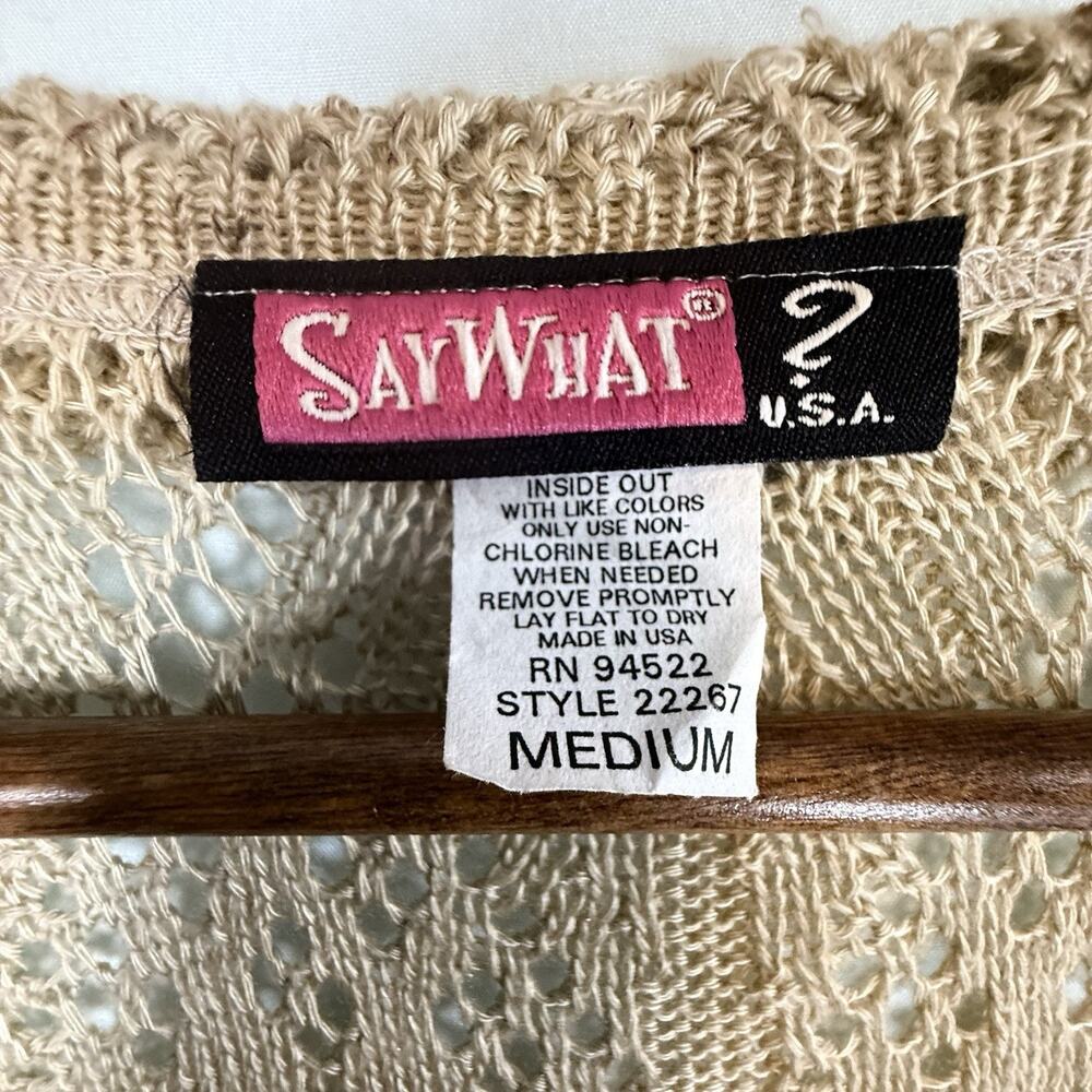 VTG Y2k Crochet Open Knit Tie Front Cardigan Wrapper SIZE MEDIUM Tan USA Ruffle - Picture 12 of 12